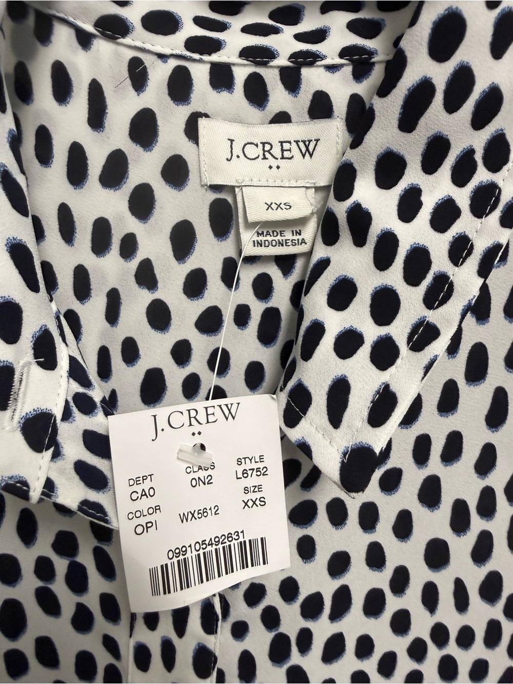 NWT J.Crew Women’s White Shirt with Black and Blue Dot Print